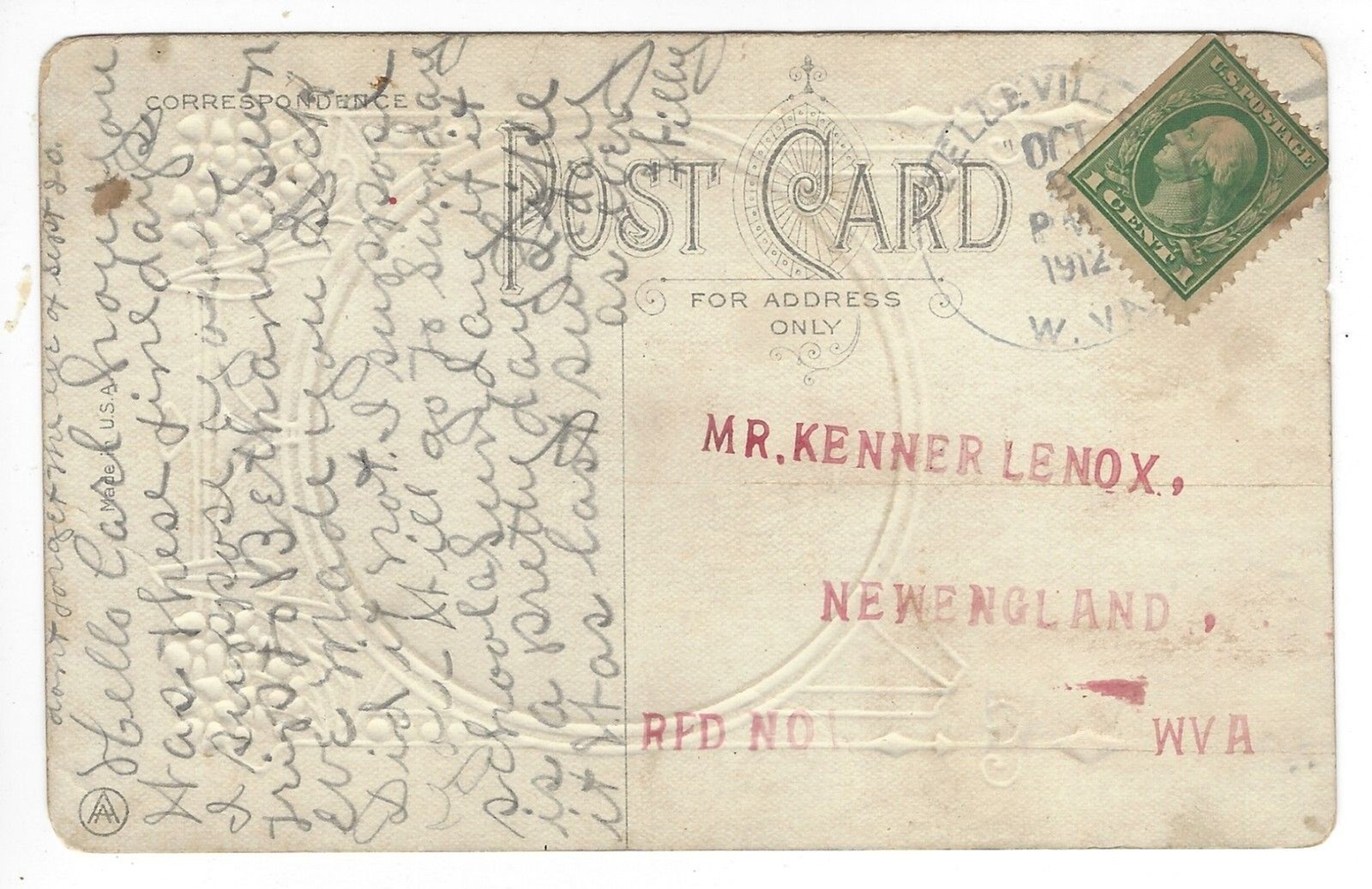 Postcard Divided Embossed 1912 USA Makers Mark 1 Cent Stamp