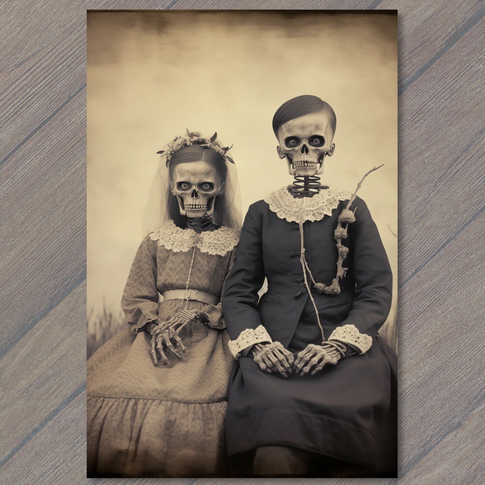 POSTCARD Weird Creepy Dress Skeleton Twin Unreal Halloween Unusual Strange 👻