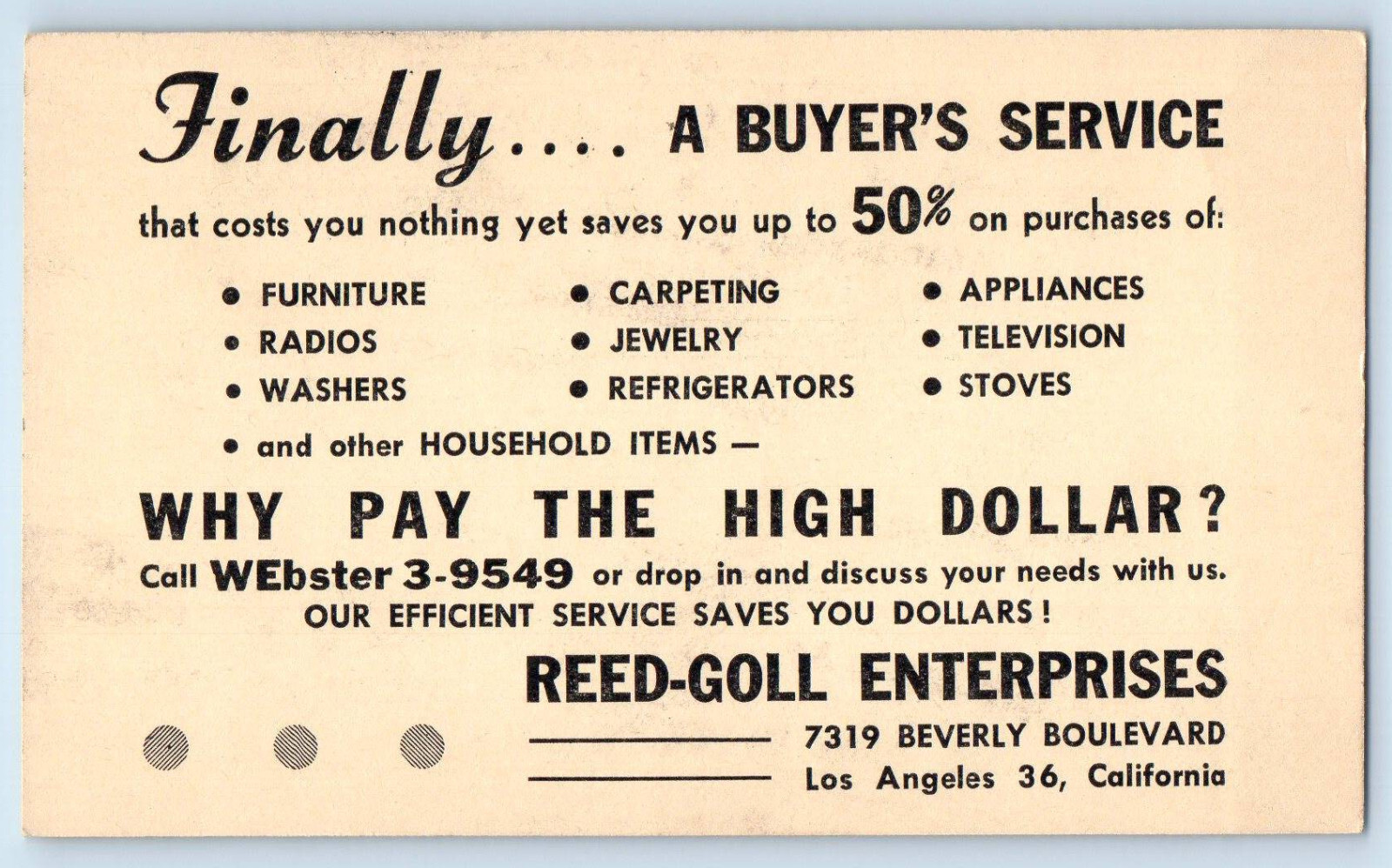 Los Angeles CA Postal Card A Buyer’s Service Reed-Goll Enterprises 1948