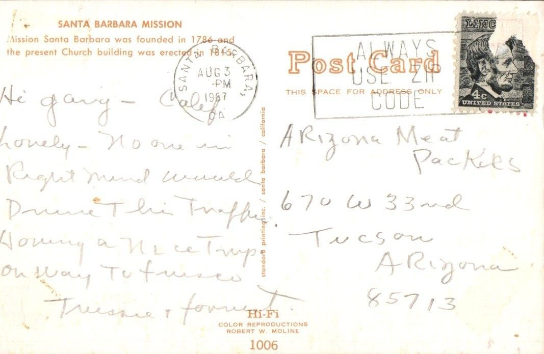 Santa Barbara California Mission Santa Barbara 1966 Vintage Postcard