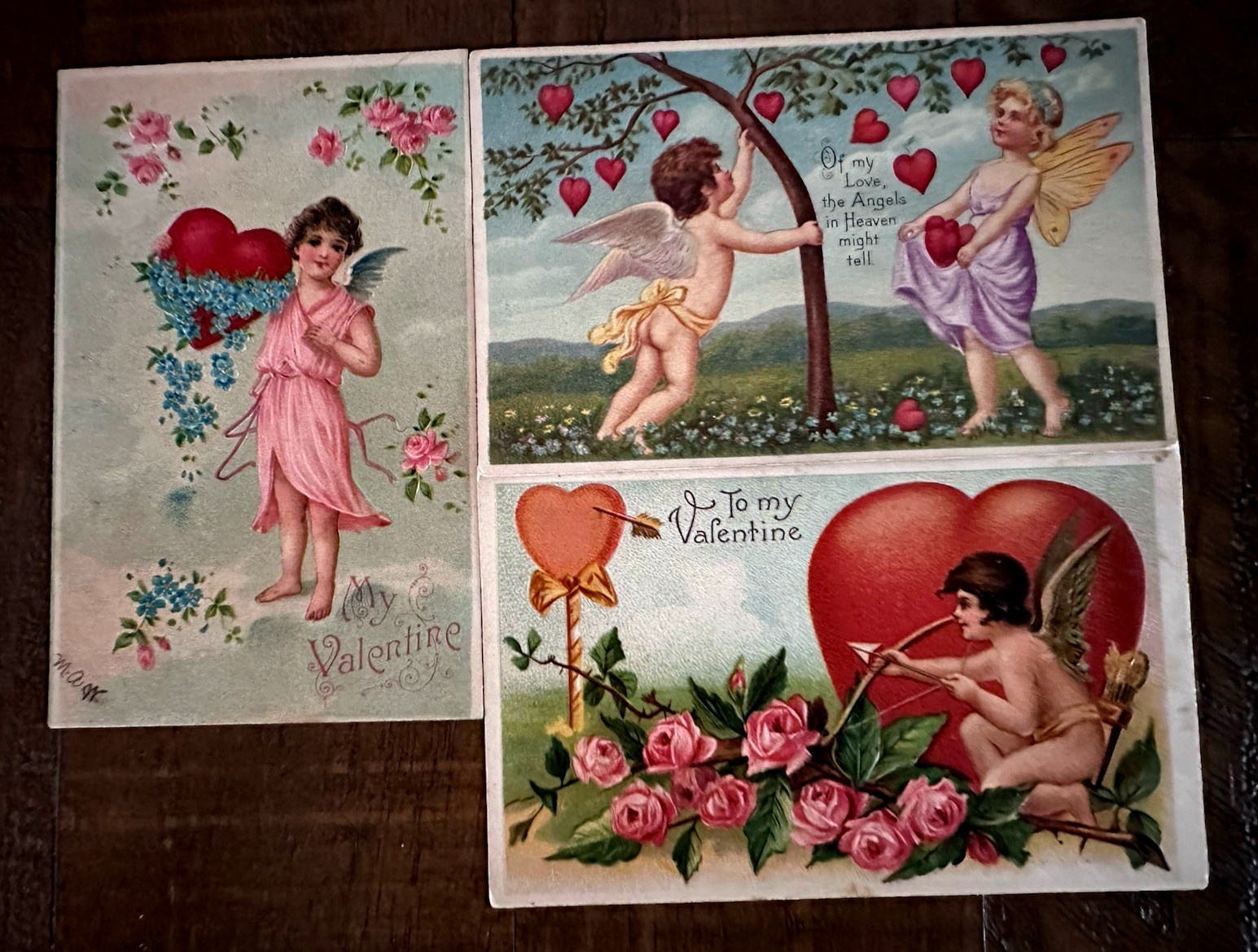 Lot of 3~Cupids with Hearts Flowers~Antique~Valentine’s Day Postcards~r685