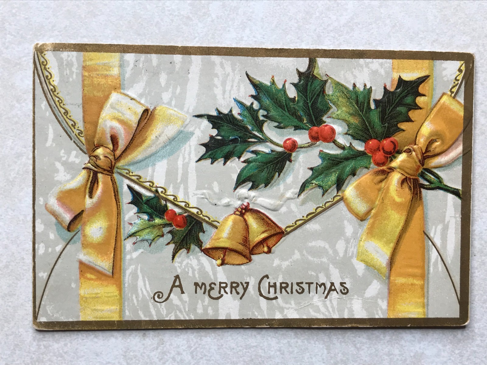 P1443 Vintage Postcard A Merry Christmas Golden Bells Holly Bows Artwork