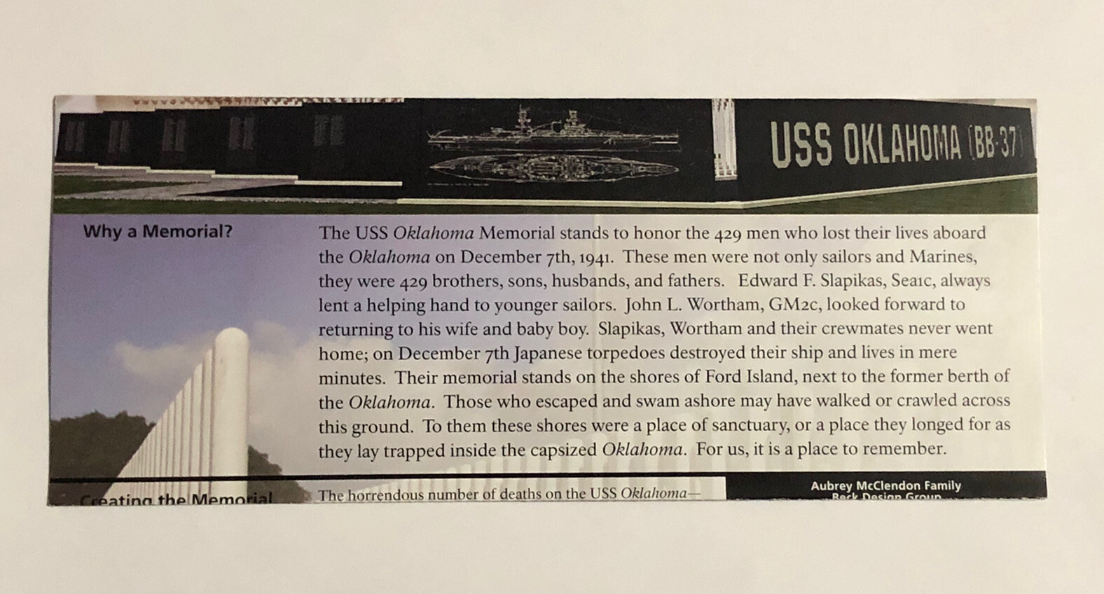 USS Oklahoma Memorial Pearl Harbor National Monument Park Unigrid Brochure HI