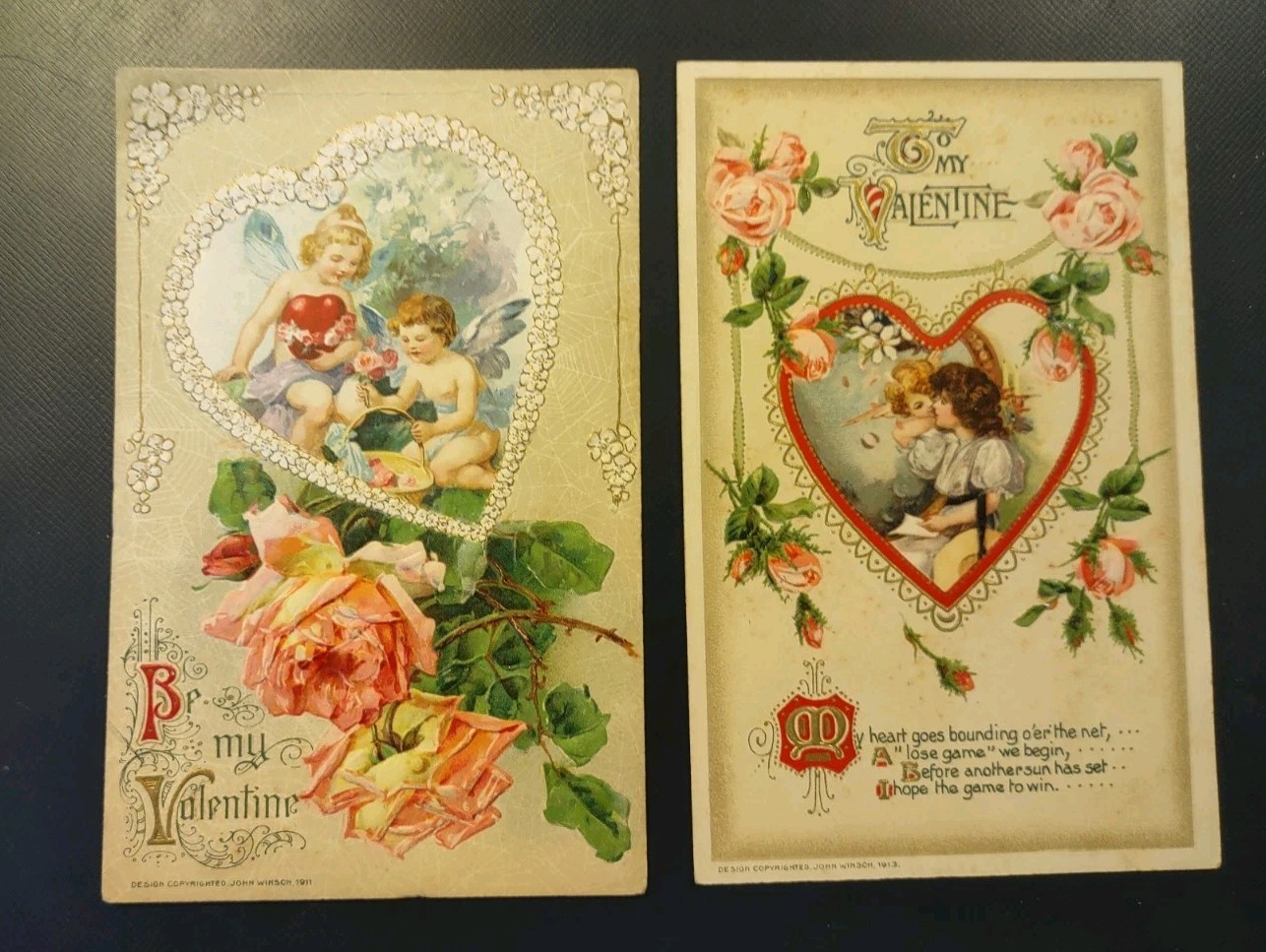 2 1910s Antique Valentine’s Day Postcards John Winsch Valentine Cards
