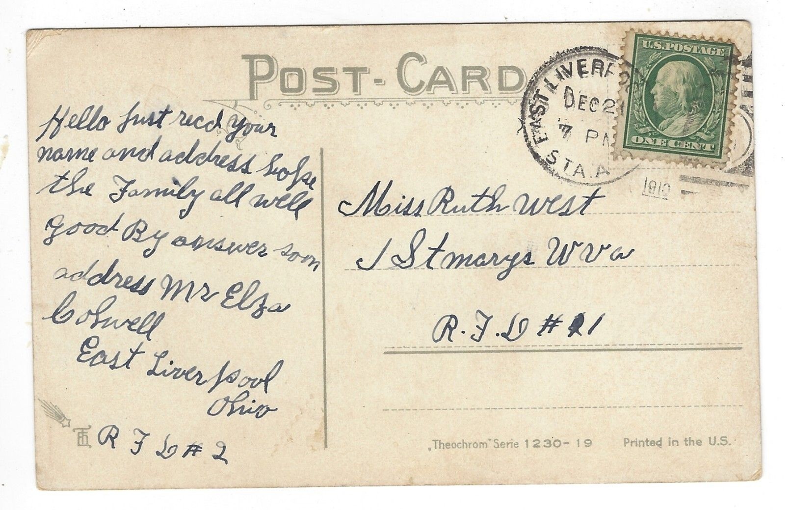 Postcard Divided 1910 USA Theochrom Series 1230-19 1 Cent Stamp – For He Was A