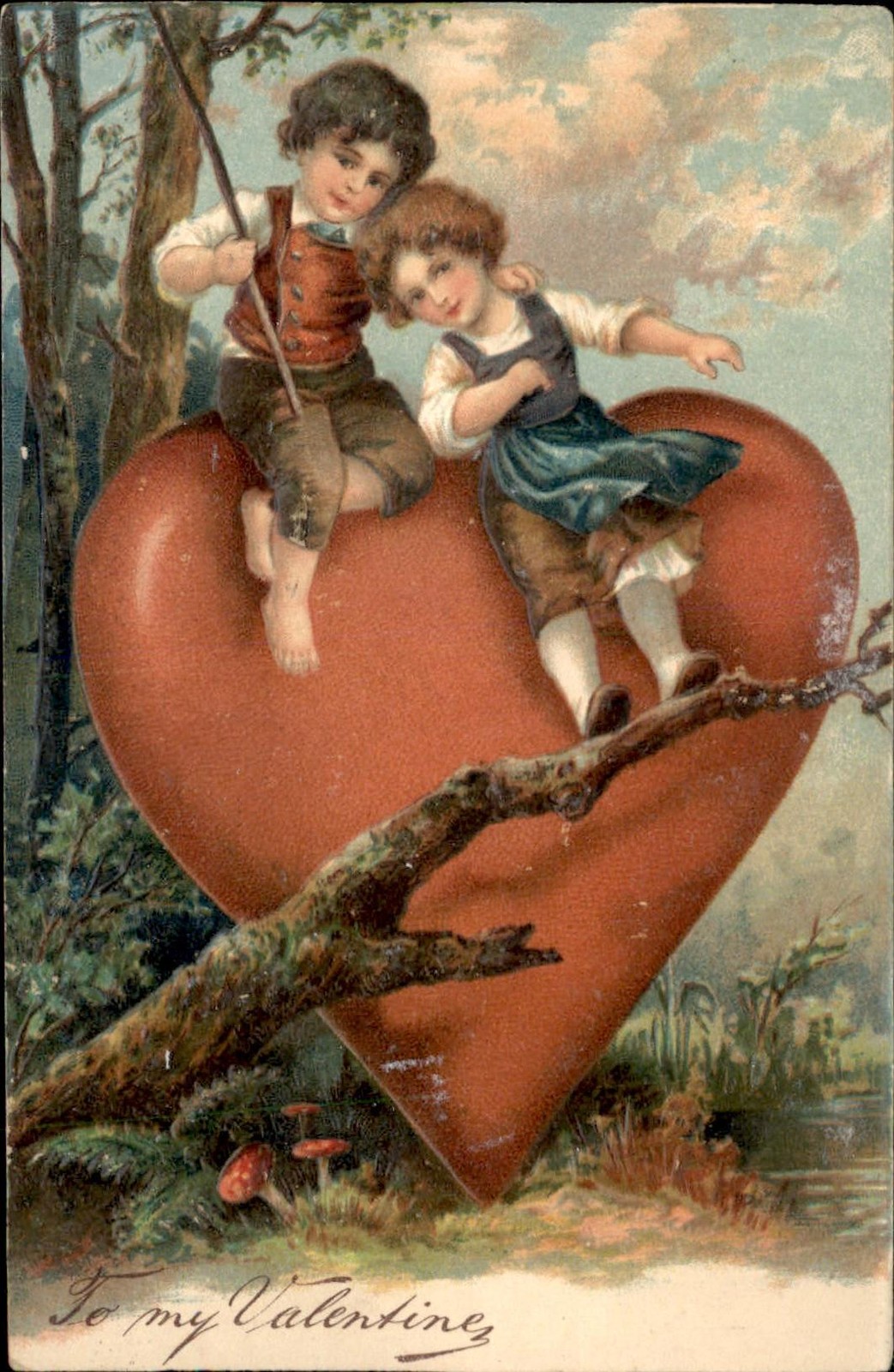 Valentine’s Day Children on Heart c1900s-10s Vintage Postcard