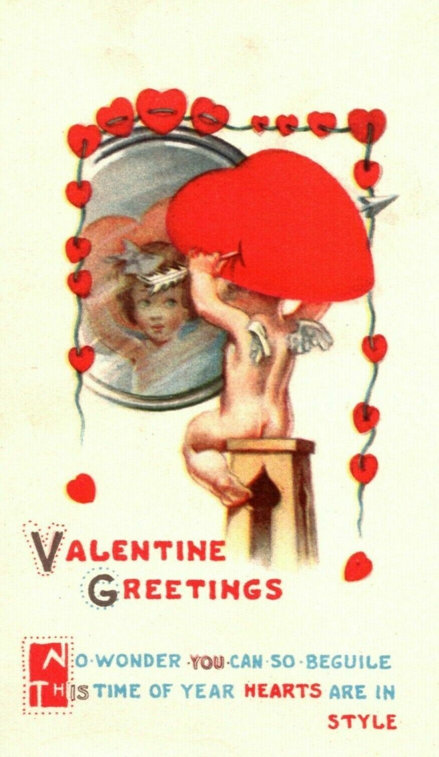 c.1910 Valentine’s Day Card Cute Angel Looking In Mirrow Postcard A7