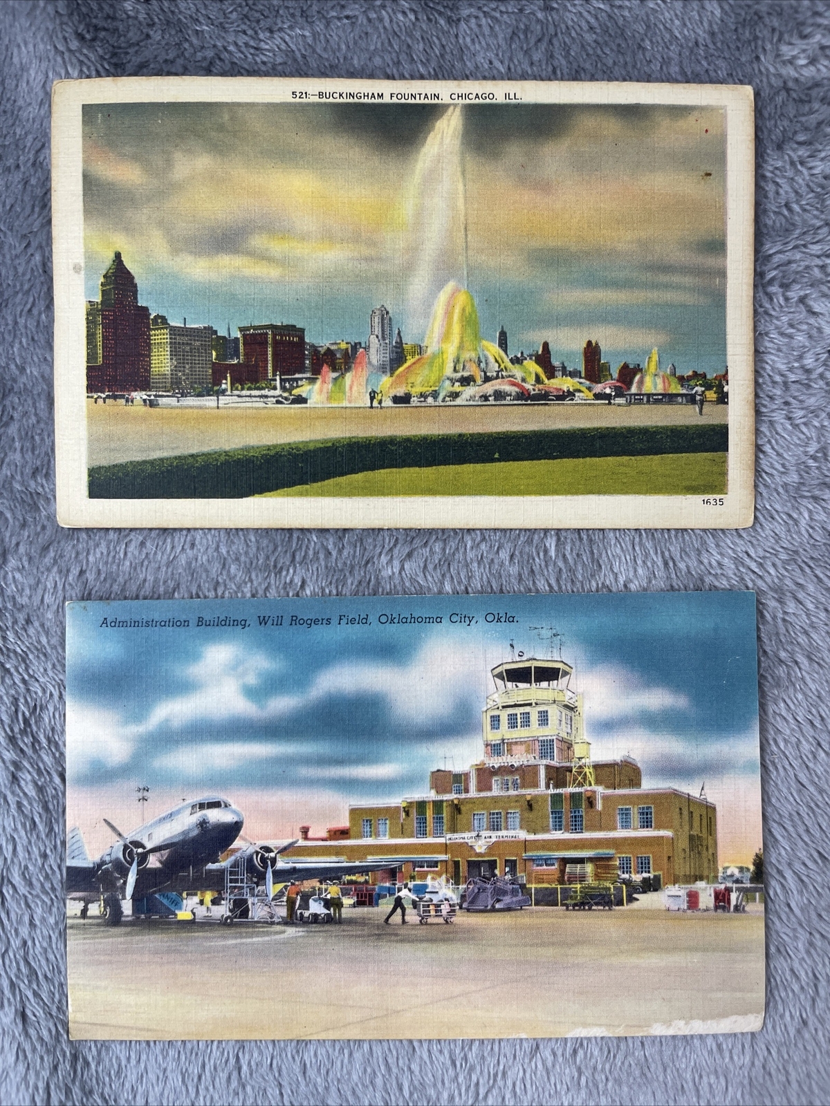 Lot Of 2 Vintage Linen Postcards – Buckingham Fountain & Will Rogers Field