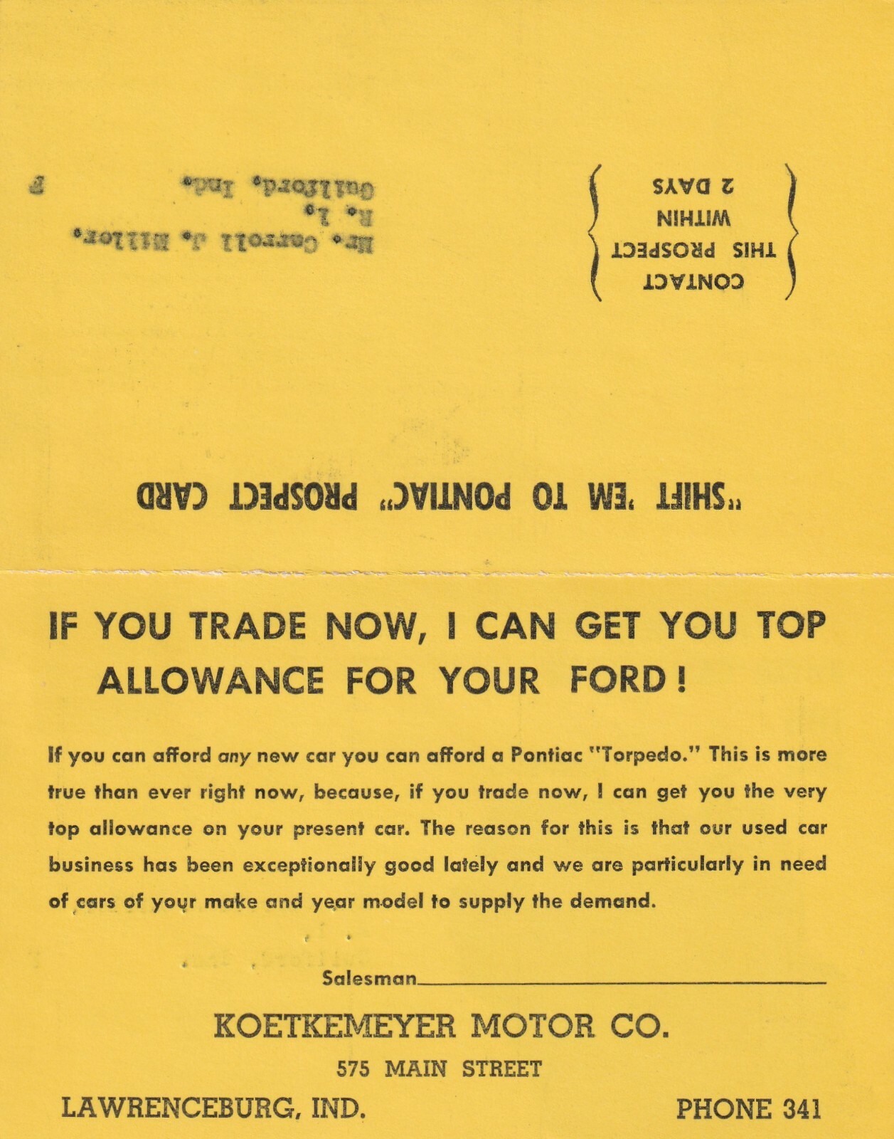 Advertising Postcard, “Any New Car Buyer Can Afford The Pontiac “Torpedo” 1941