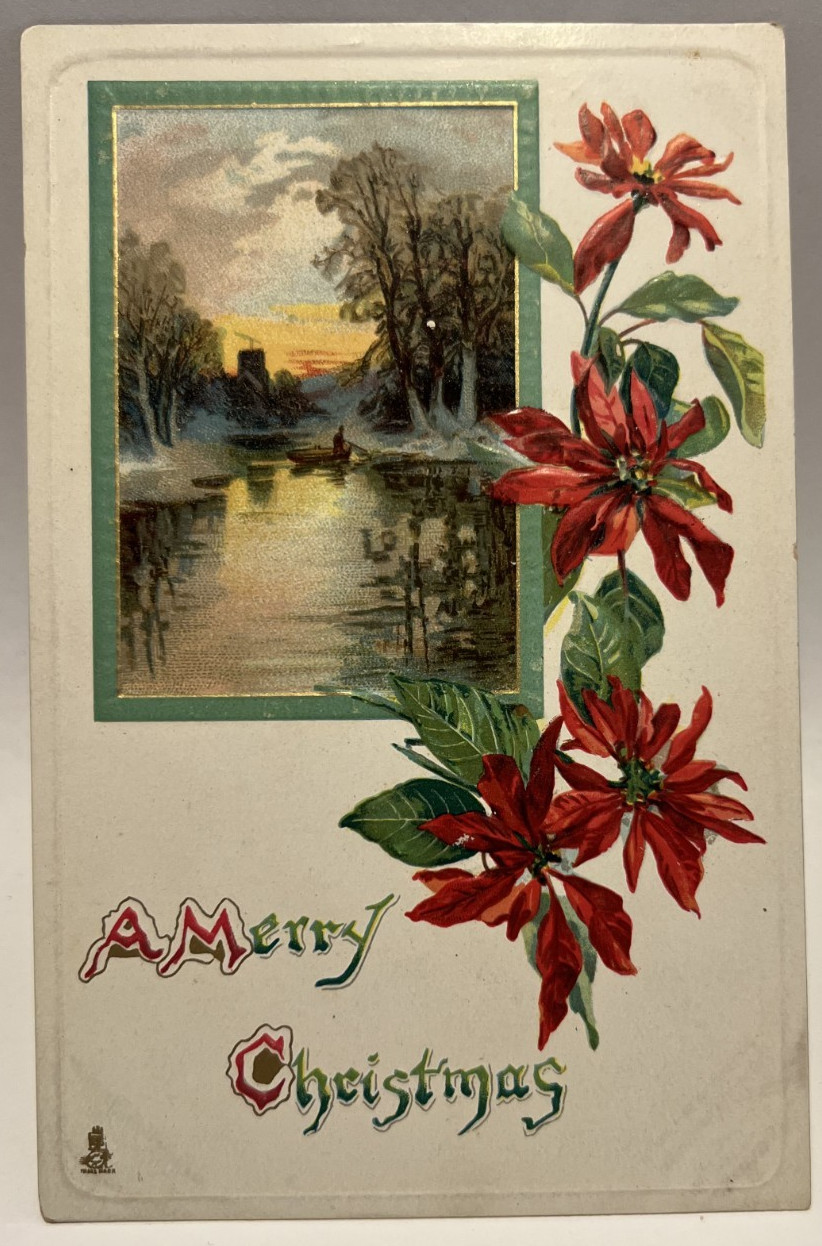 A Merry Christmas, Boat, Sunset, Poinsettias, TUCK Poinsettia Landscape Postcard