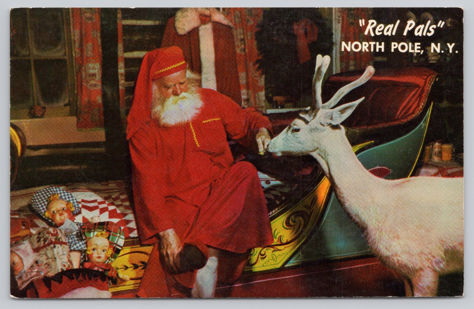 Santa’s Reindeer Blitzen Santa’s Workshop North Pole New York Chrome Postcard