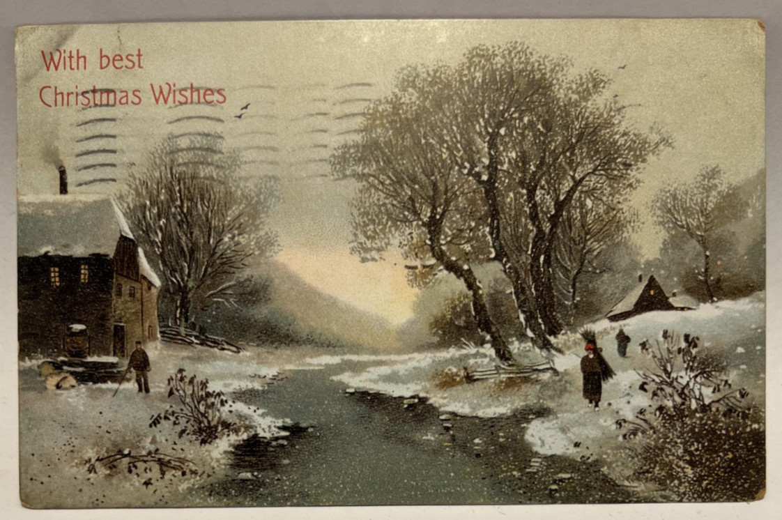 1911 With Best Christmas Wishes, Winter Scene, Stream, Snow, Vintage Postcard