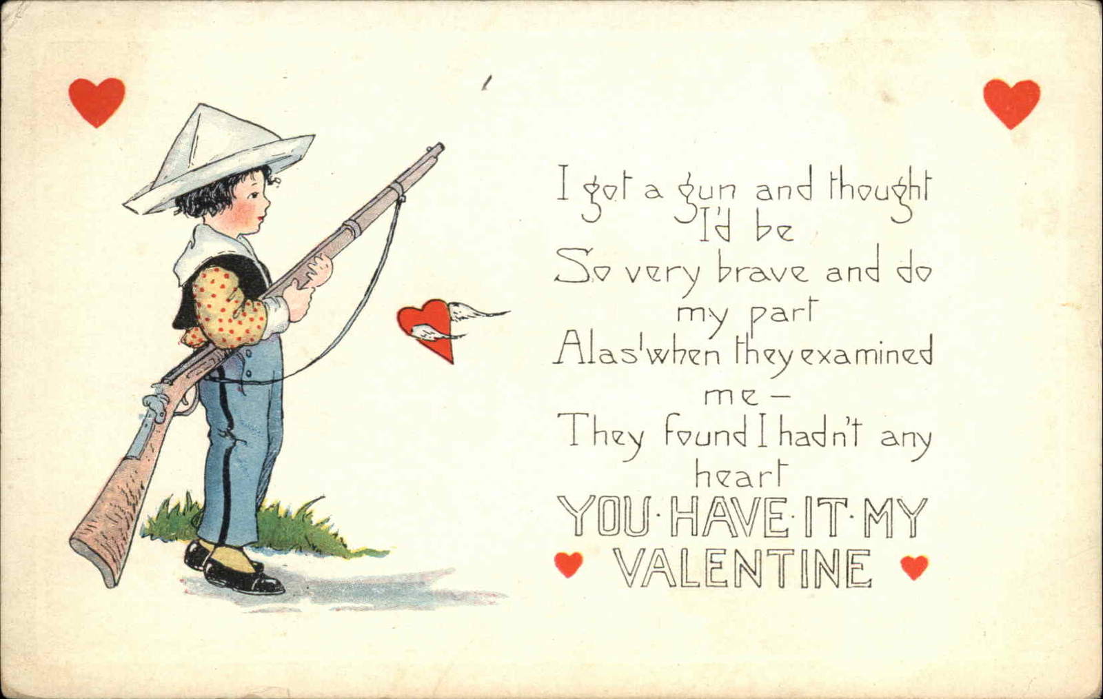 Valentine’s Day Child Boy Rifle Paper Hat Hearts Whitney c1900s-10s Postcard