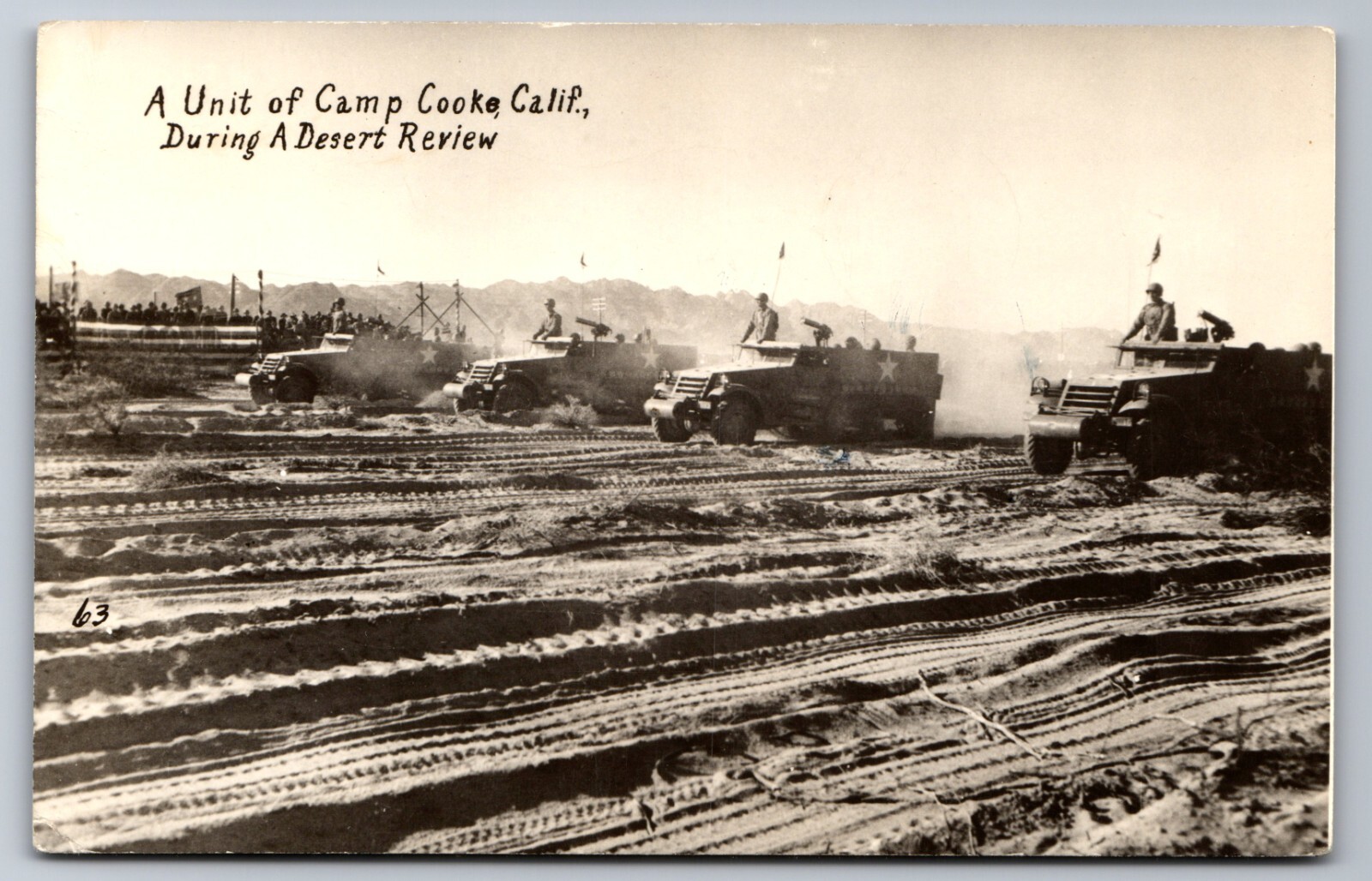 1943 RPPC WW2 CAMP COOKE UNIT DESERT REVIEW FREE SOLDIER MAIL PHOTO Postcard P39