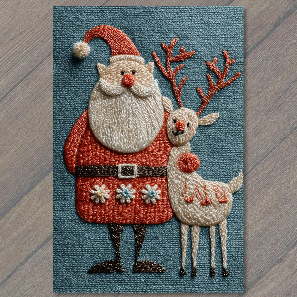 POSTCARD Embroidered Santa Holding Reindeer Blue Background Festive Stitch Art