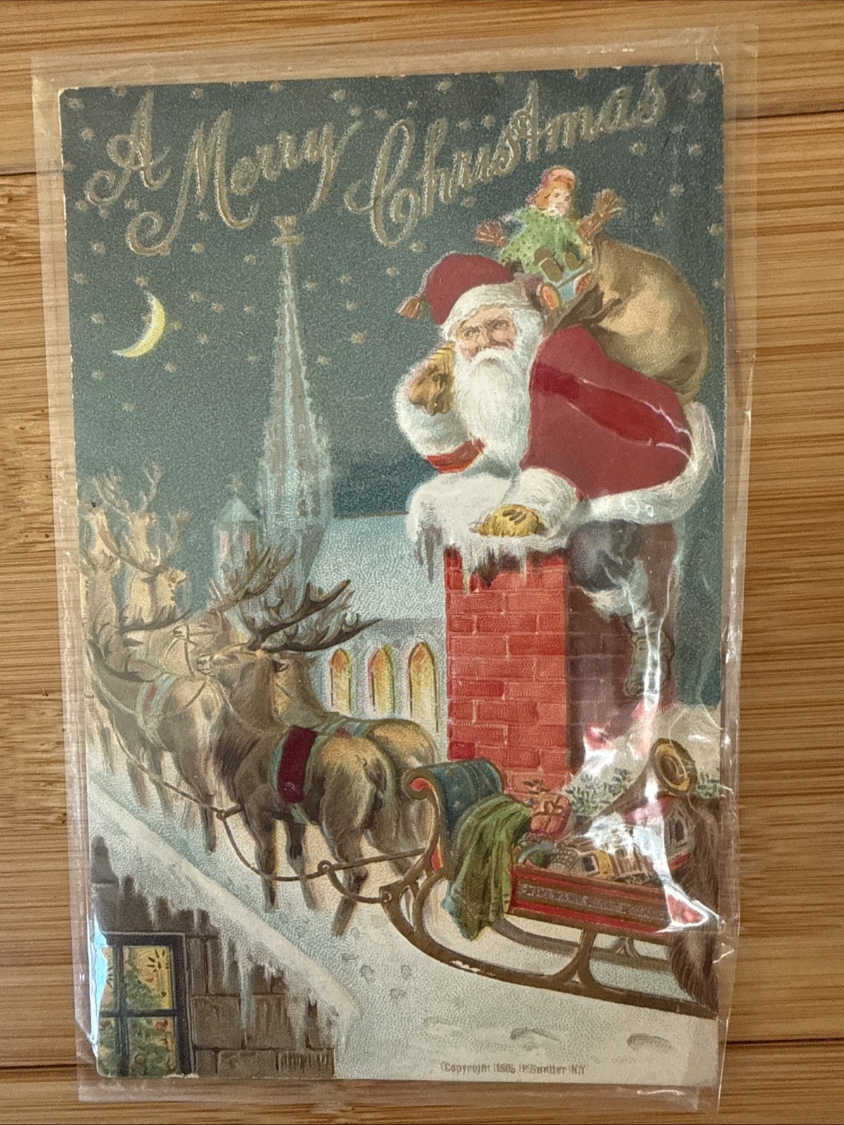 Silk Santa Claus With Toys and Sled – Antique Christmas Postcard