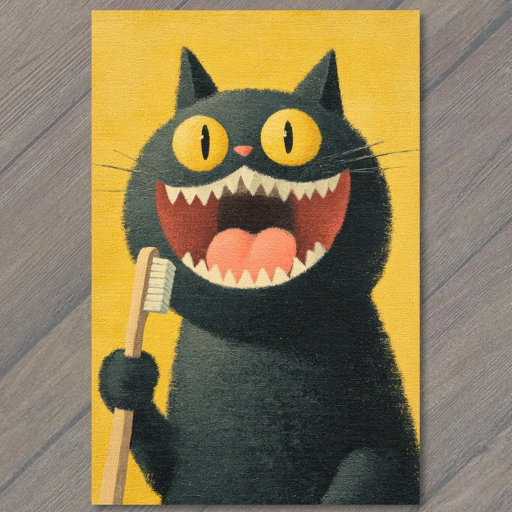 POSTCARD Funny Black Cat Cartoon Toothbrush Animal Surreal Weird Strange