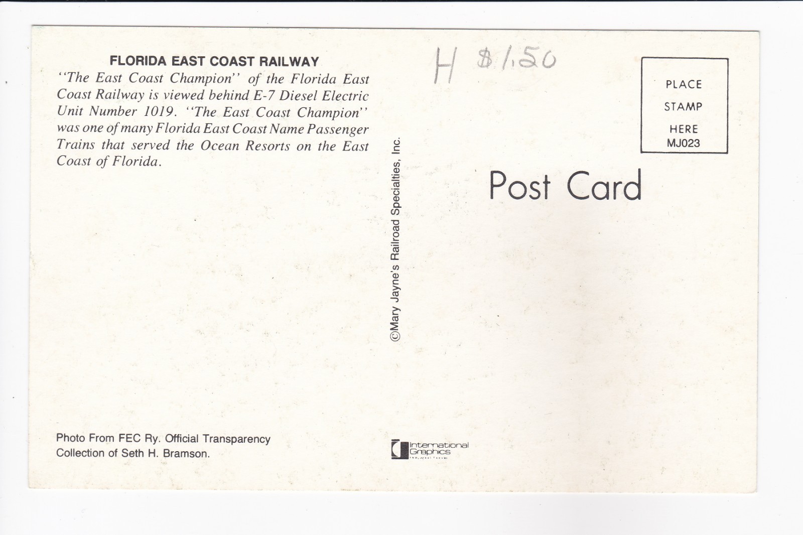 Florida East Coast Railway E-7 Unit #1019 East Coast Champion Chrome Postcard