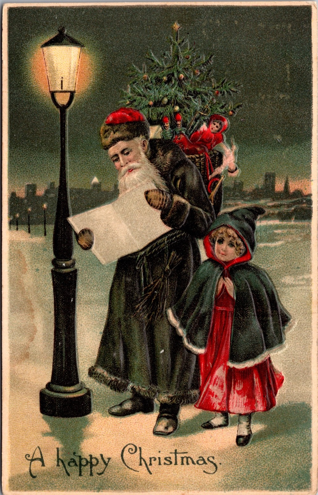 Antique Christmas Postcard Green Suit Santa Reading Letter Child Lamppost c1900s