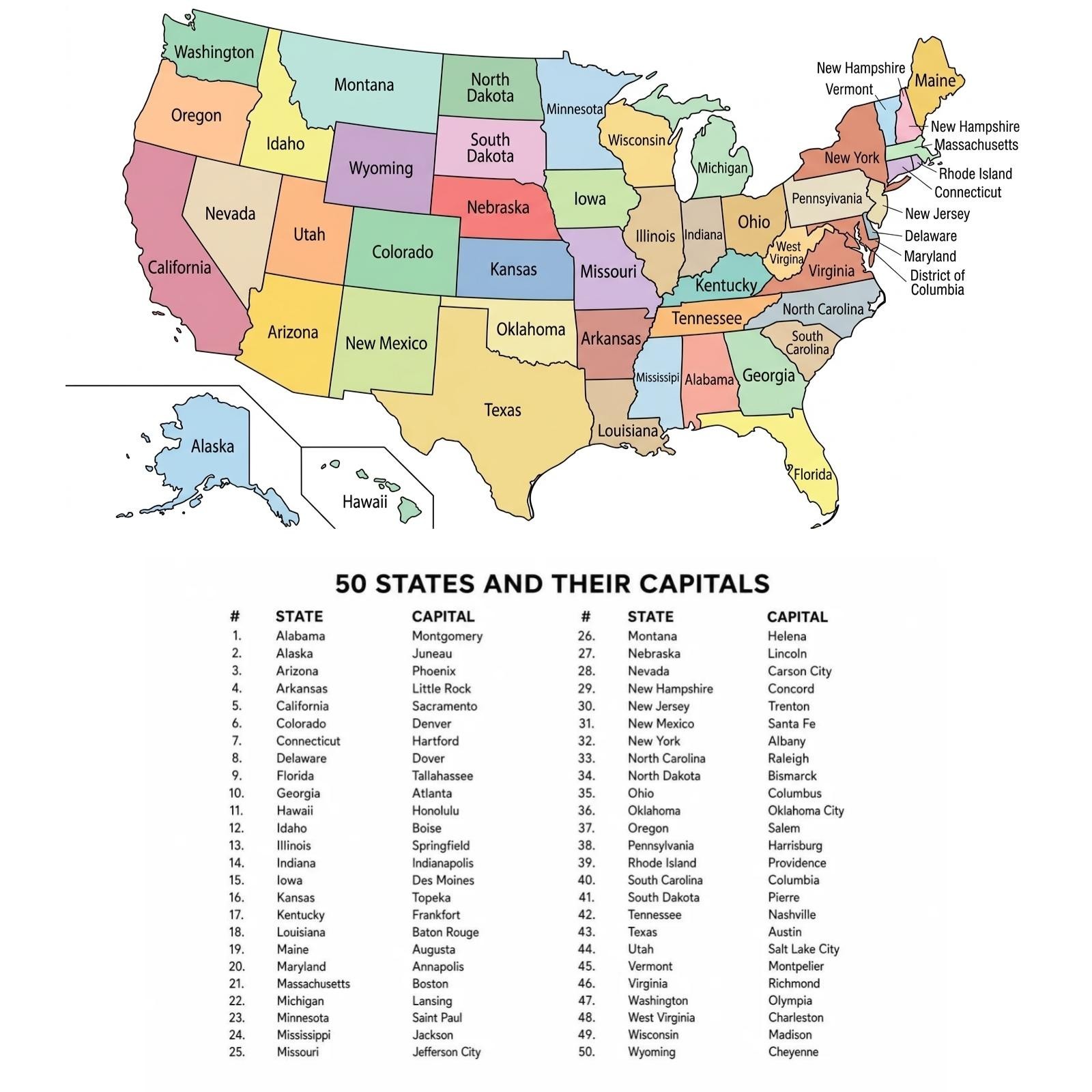 USA Map With Capitals List 4×6 Postcard Photo Print 50 United States of America