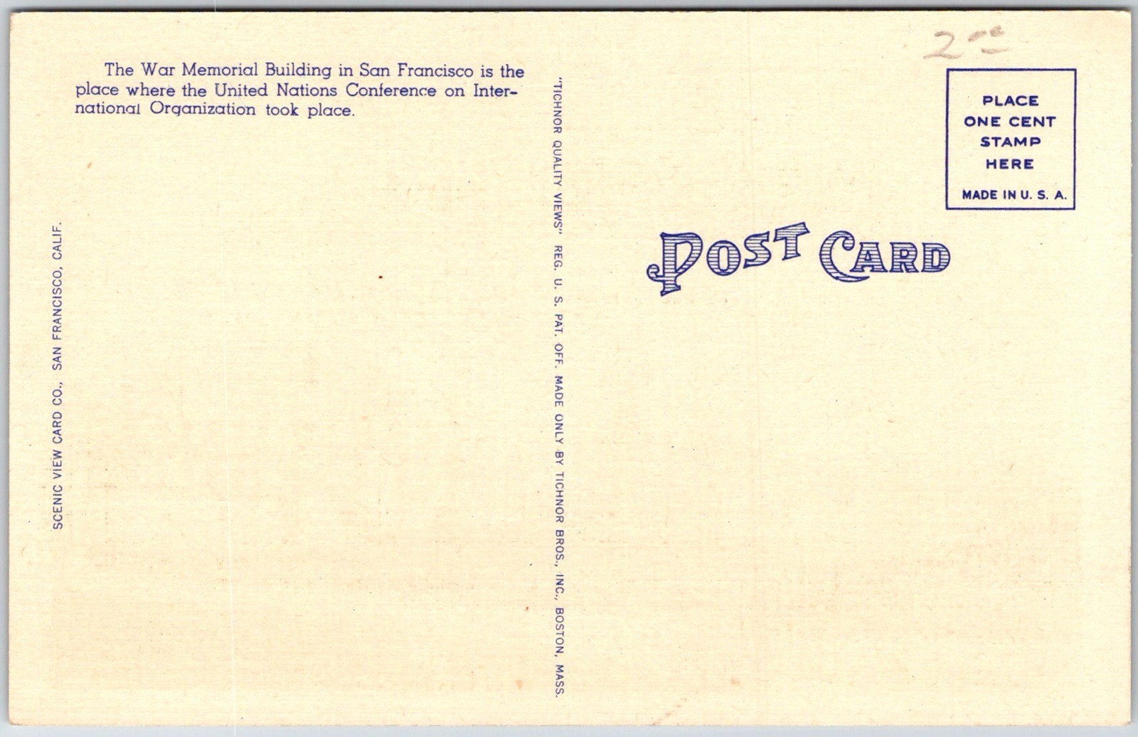San Francisco USA War Memorial Building UN Charter Site Postcard