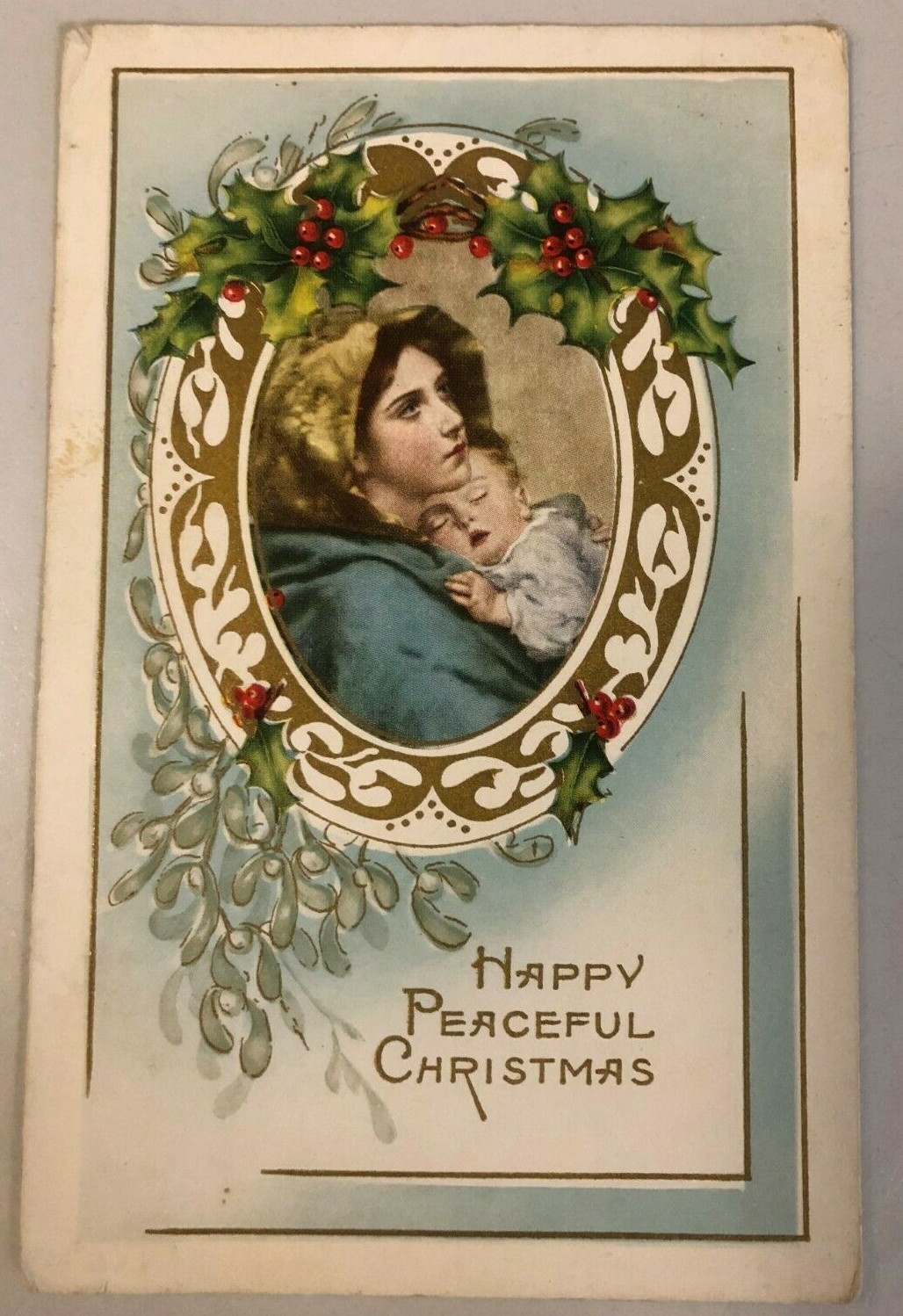 VINTAGE EMBOSSED POSTCARD CHRISTMAS MOTHER & CHILD HOLLY & GOLD TRIMMING