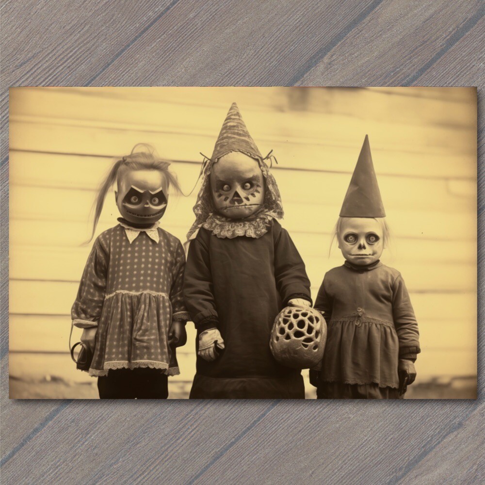 POSTCARD Weird Creepy Vintage Vibe Kids Masks Halloween Unusual Family 👻 H