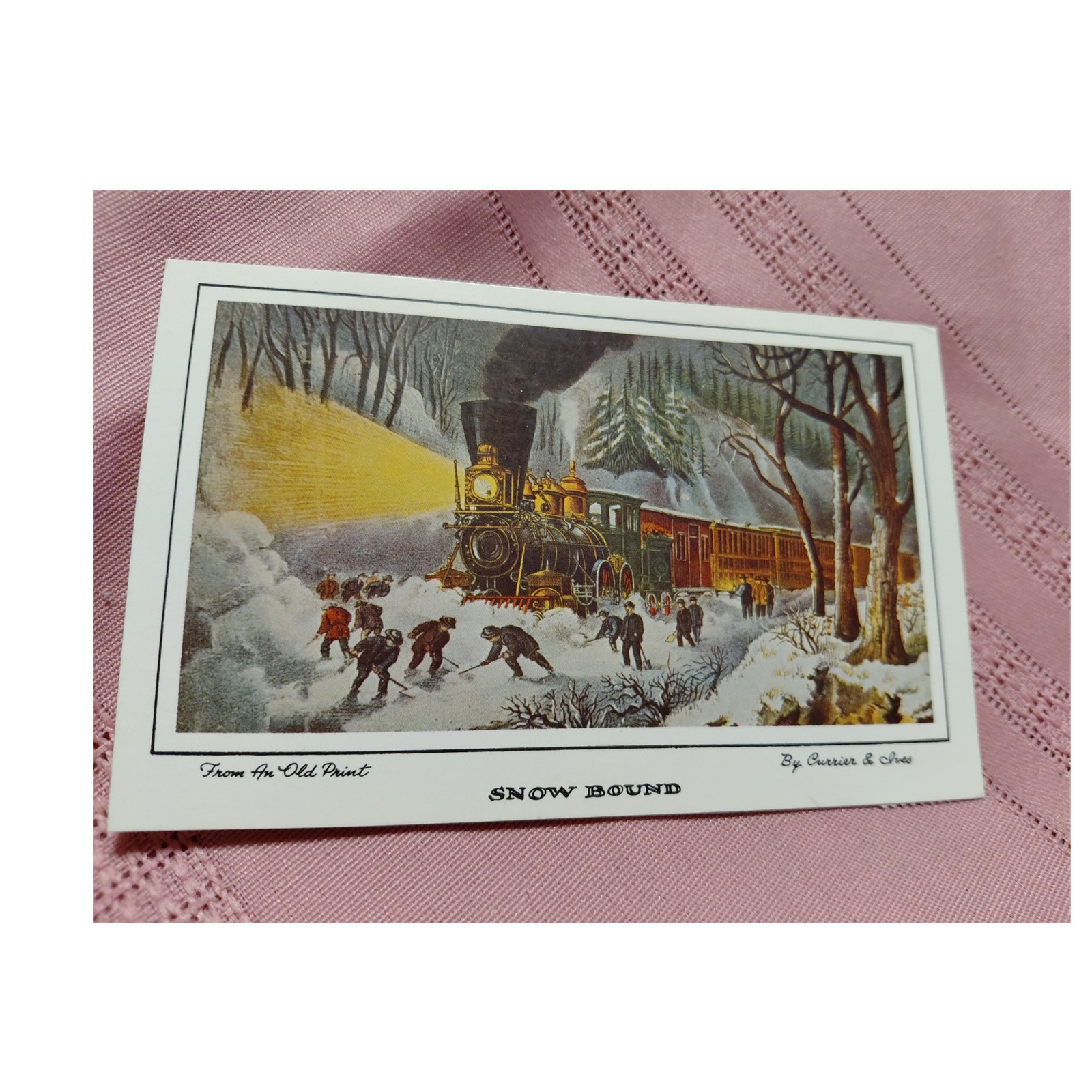 vintage snow bound train postcard posted lithograph 1977 single unit