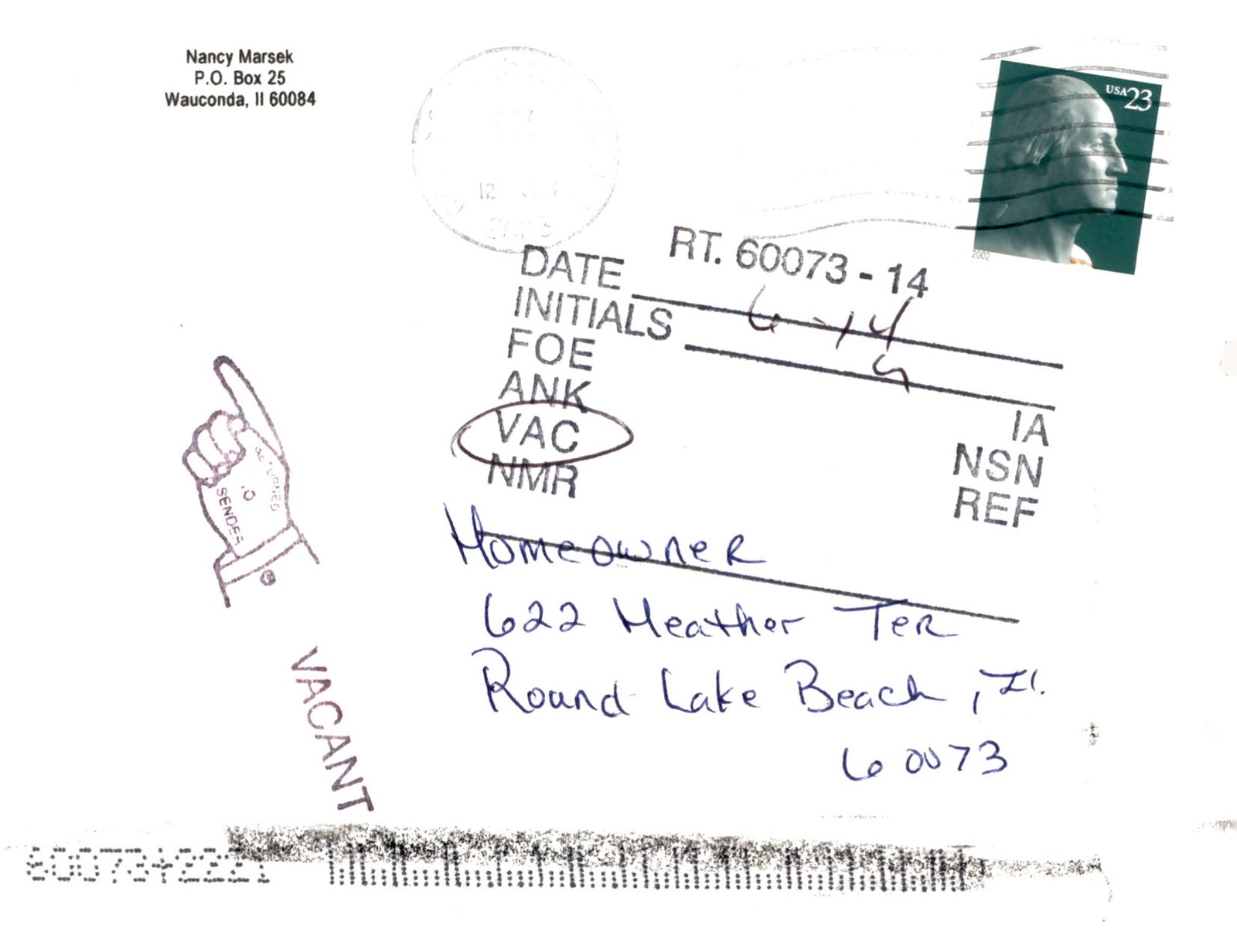 Nancy Marsek, Home Buyer, Round Lake Beach, IL, 2002 Postcard