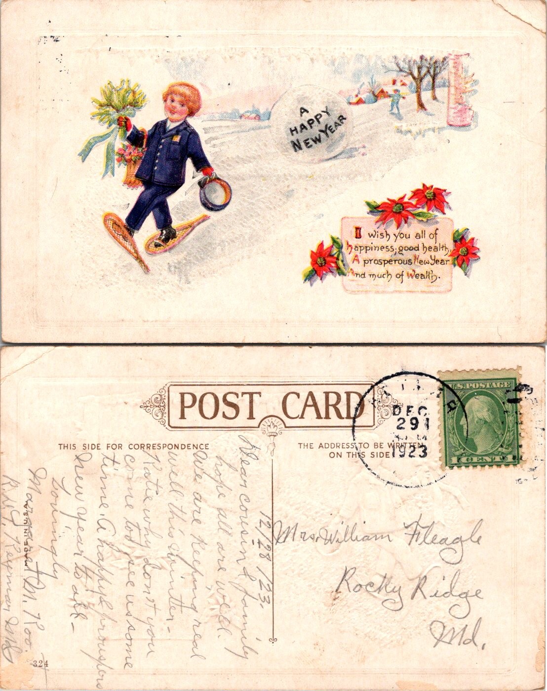 Postcard New Year Snow Scene Boy Skiing Poinsettia Greetings
