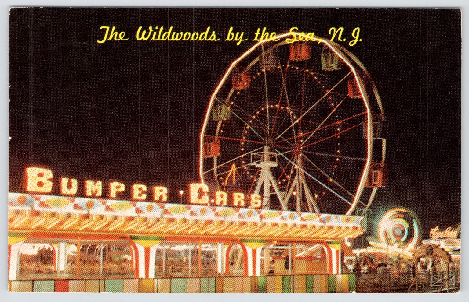 Wildwood New Jersey Marine Pier Night Scene Ferris Wheel Bumper Cars Postcard