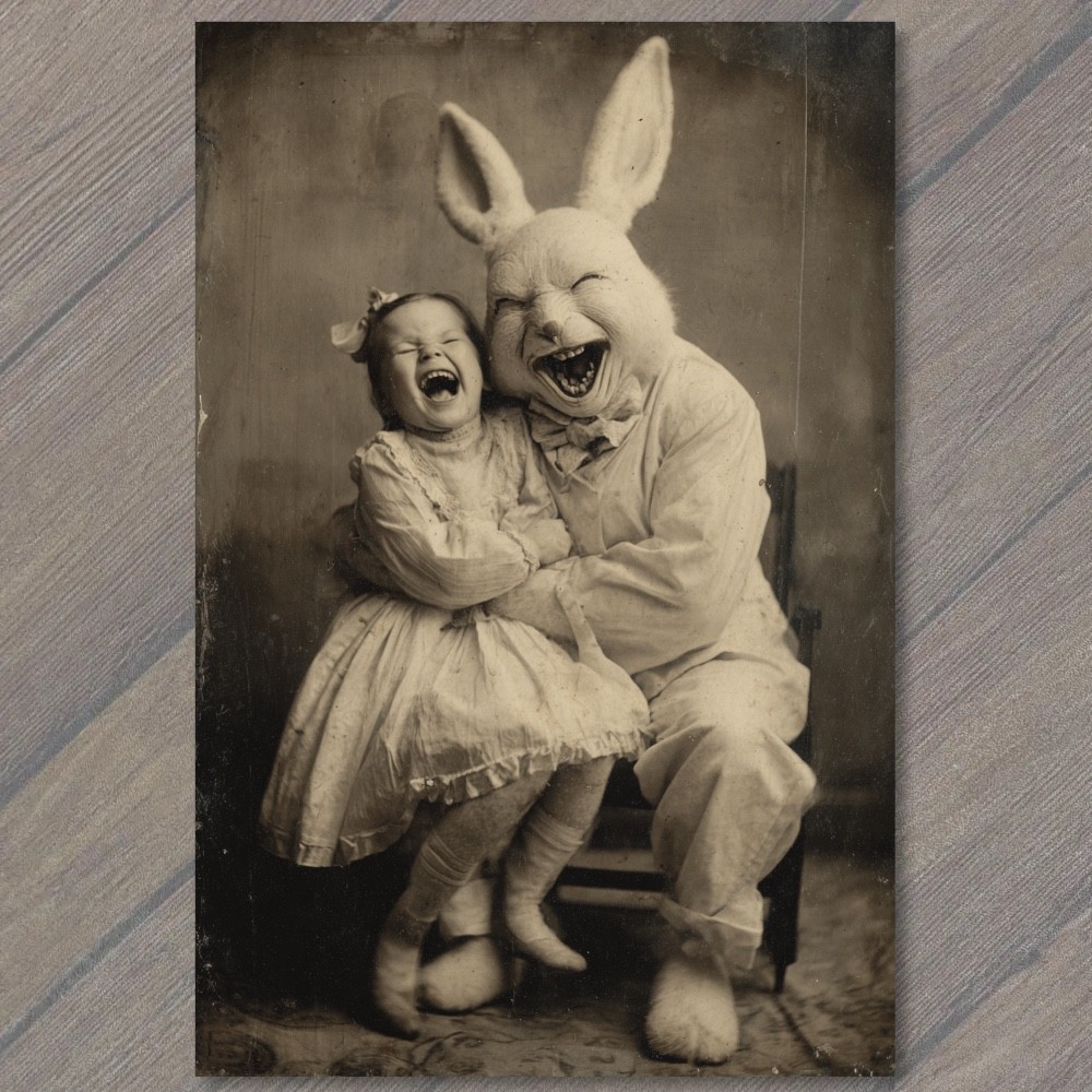 POSTCARD Creepy Easter Bunny Costume Laughing Child Old Time Portrait Cabinet