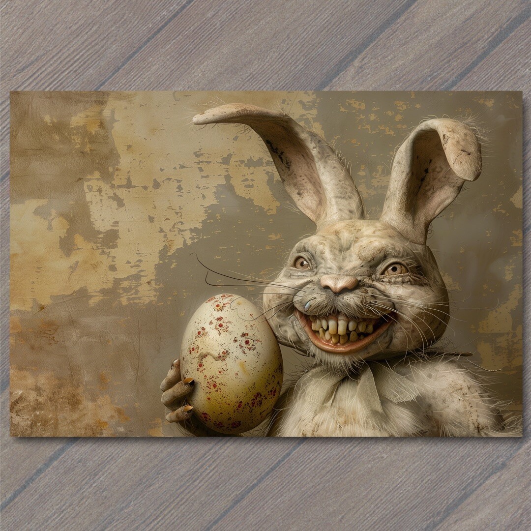 POSTCARD Rabbit Weird Creepy Vibe Easter Bunny Scary Mask Cult Strange Unusual