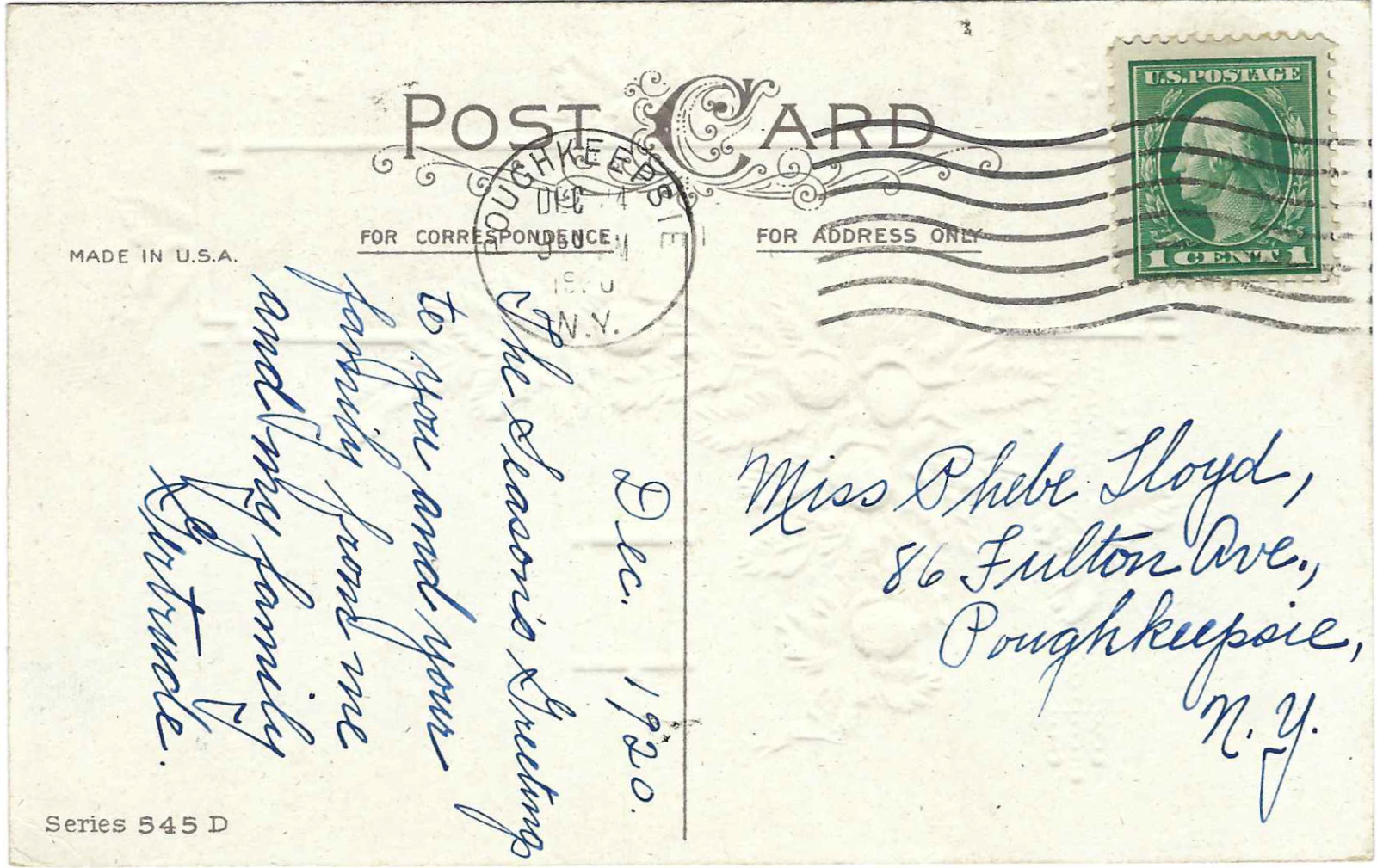 1920 A Christmas Greeting Vintage Postcard