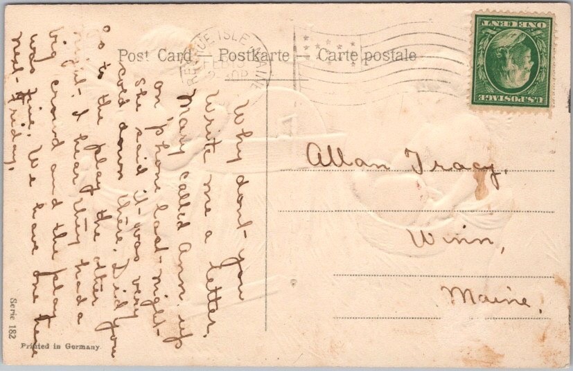 VALENTINE’S DAY Embossed Postcard Cupids at Grinding Wheel / Hearts -1912 Cancel