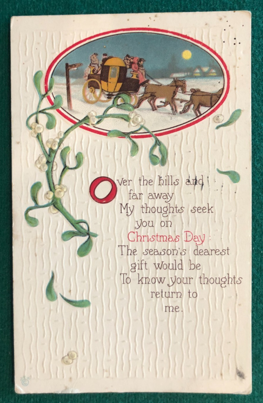 Over the Hills, Christmas Card, Horse Buggy, posted 1914, Postcard,