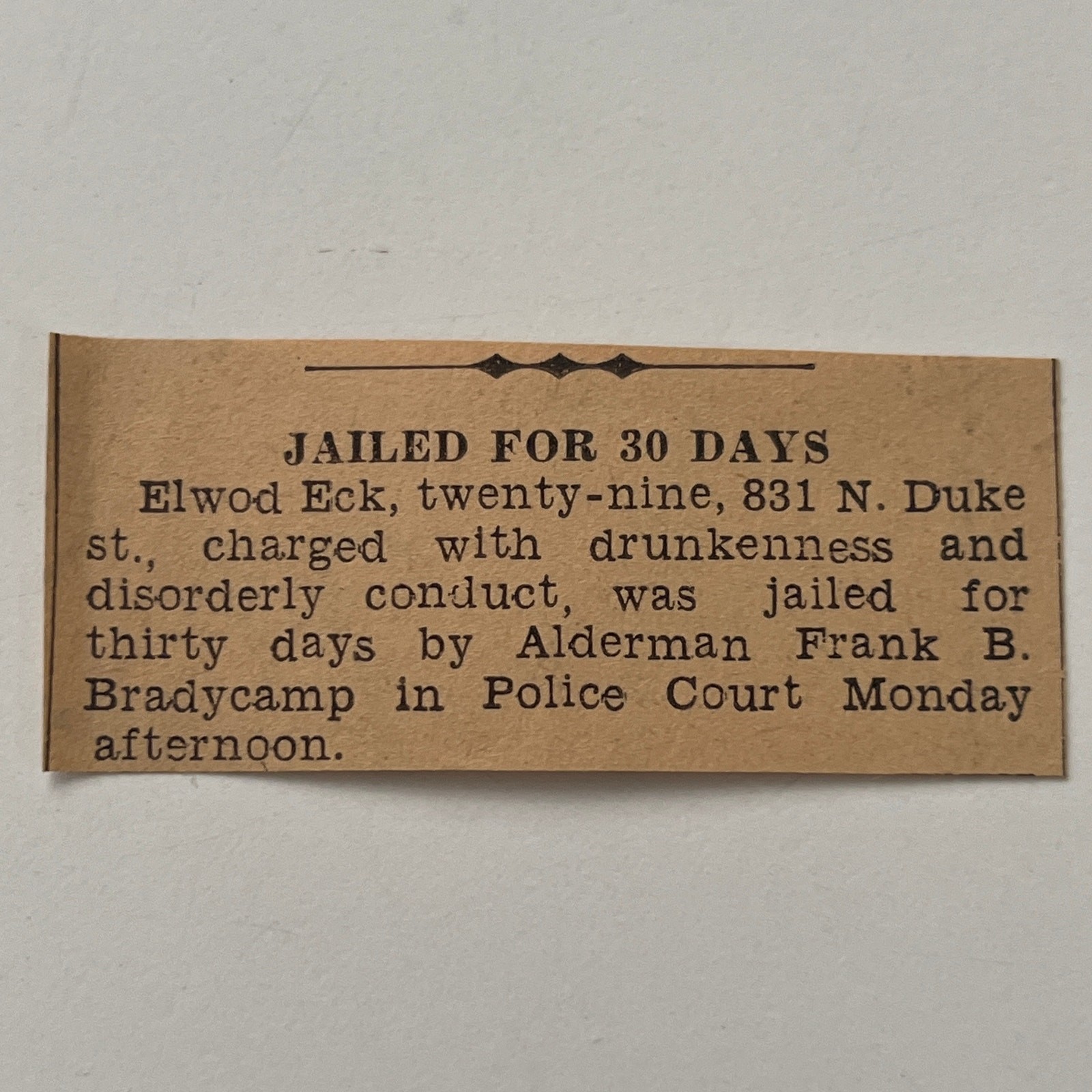 Jailed For 30 Days In Police Court Elwood Eck 1937 Lancaster Clipping SAI4-S7