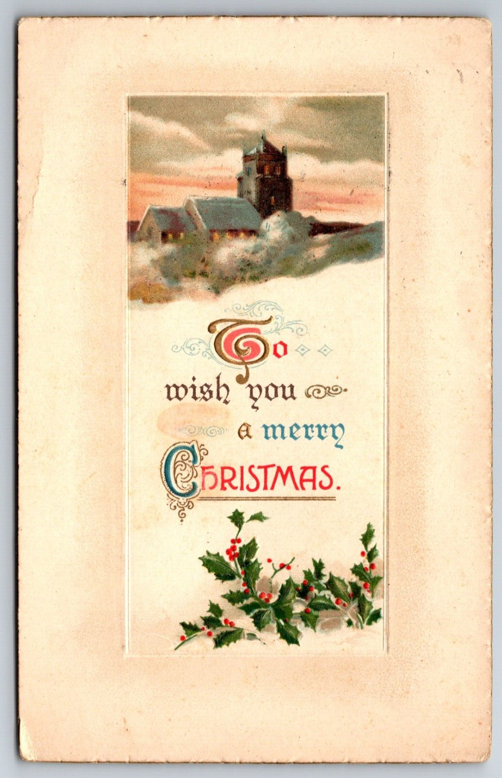 Merry Christmas Winter Scene Church Holly Embossed 1914 New Jersey Postcard