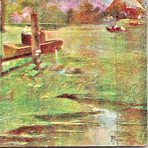 1917 German Pastoral Landscape Art Postcard Fence Bench Trees WWI Era Posted