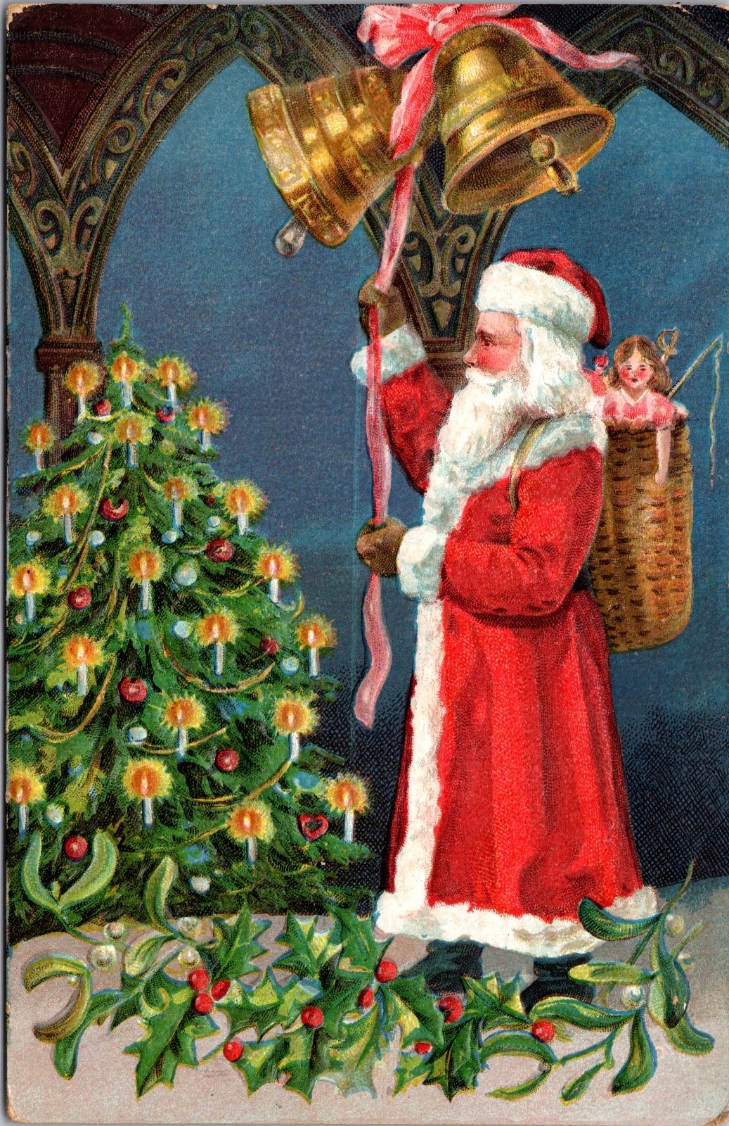 Antique Christmas Postcard Santa Ringing Bells Tree Toys Germany
