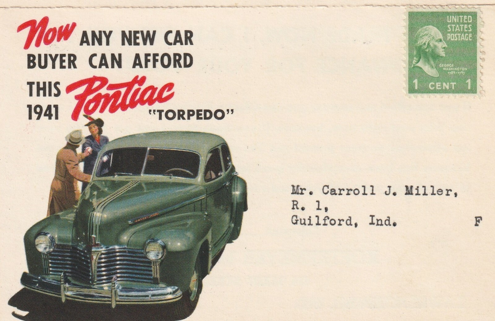 Advertising Postcard, “Any New Car Buyer Can Afford The Pontiac “Torpedo” 1941