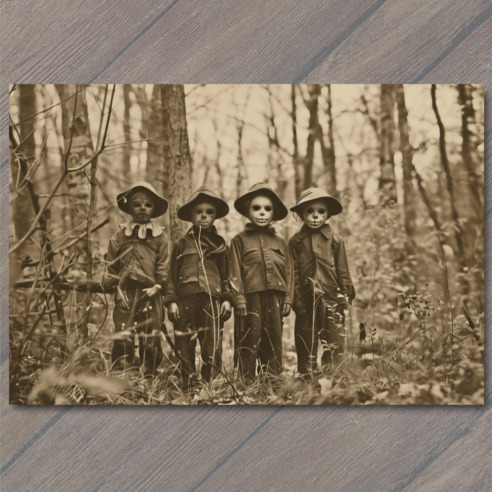POSTCARD Weird Creepy Vintage Look Vibe Kids Masks Halloween Cult Unusual Family