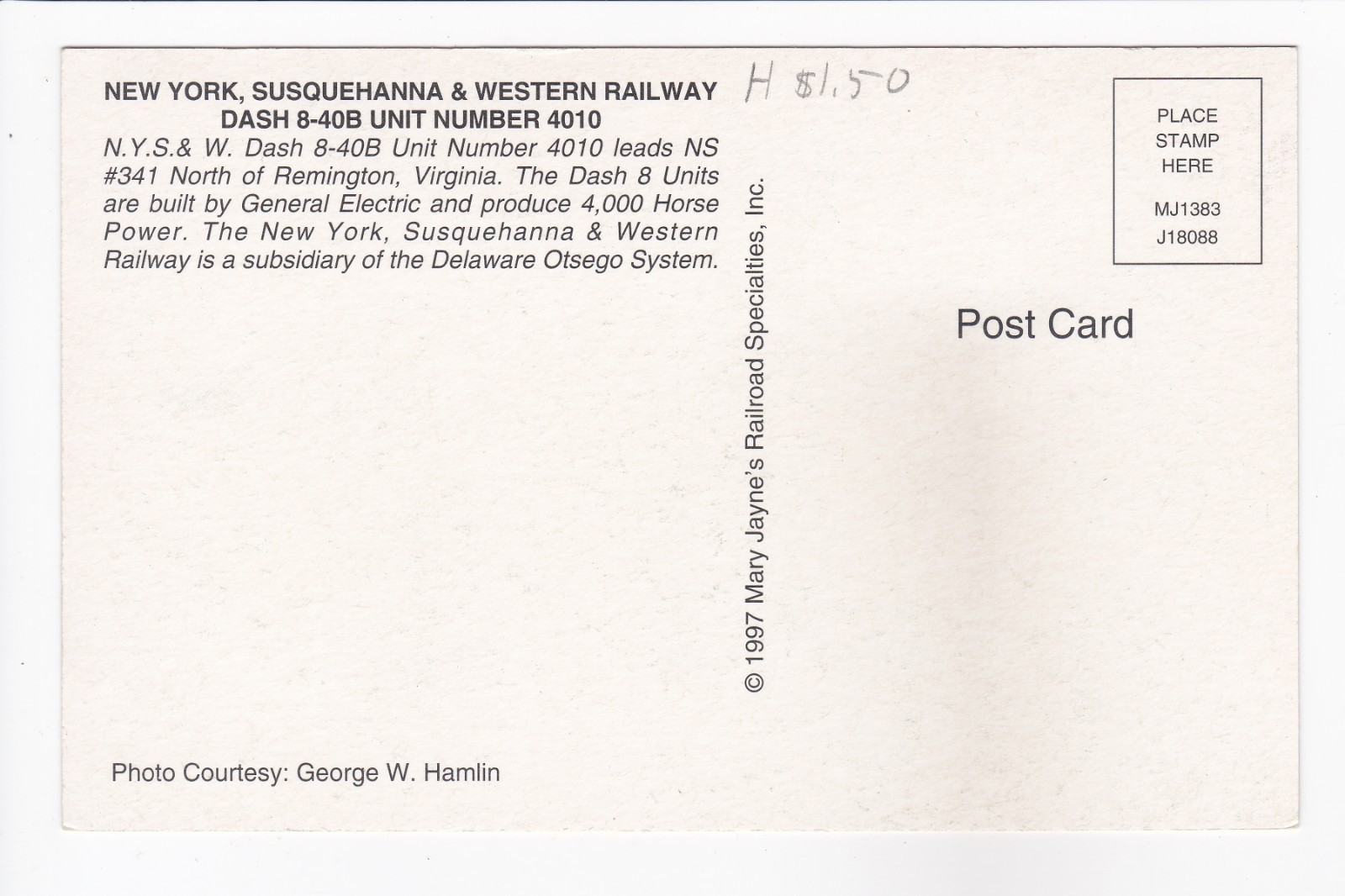NY Susquehanna Western Railway 8-40B Unit #4010 Remington VA Chrome Postcard