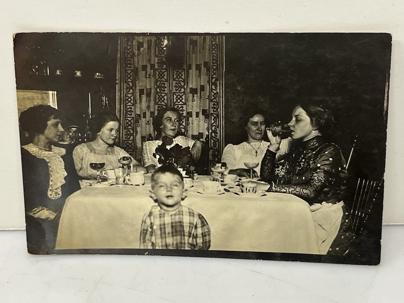 RPPC Women Dressed at Dinner Table w/ Creepy Blurry Boy Real Photo Postcard