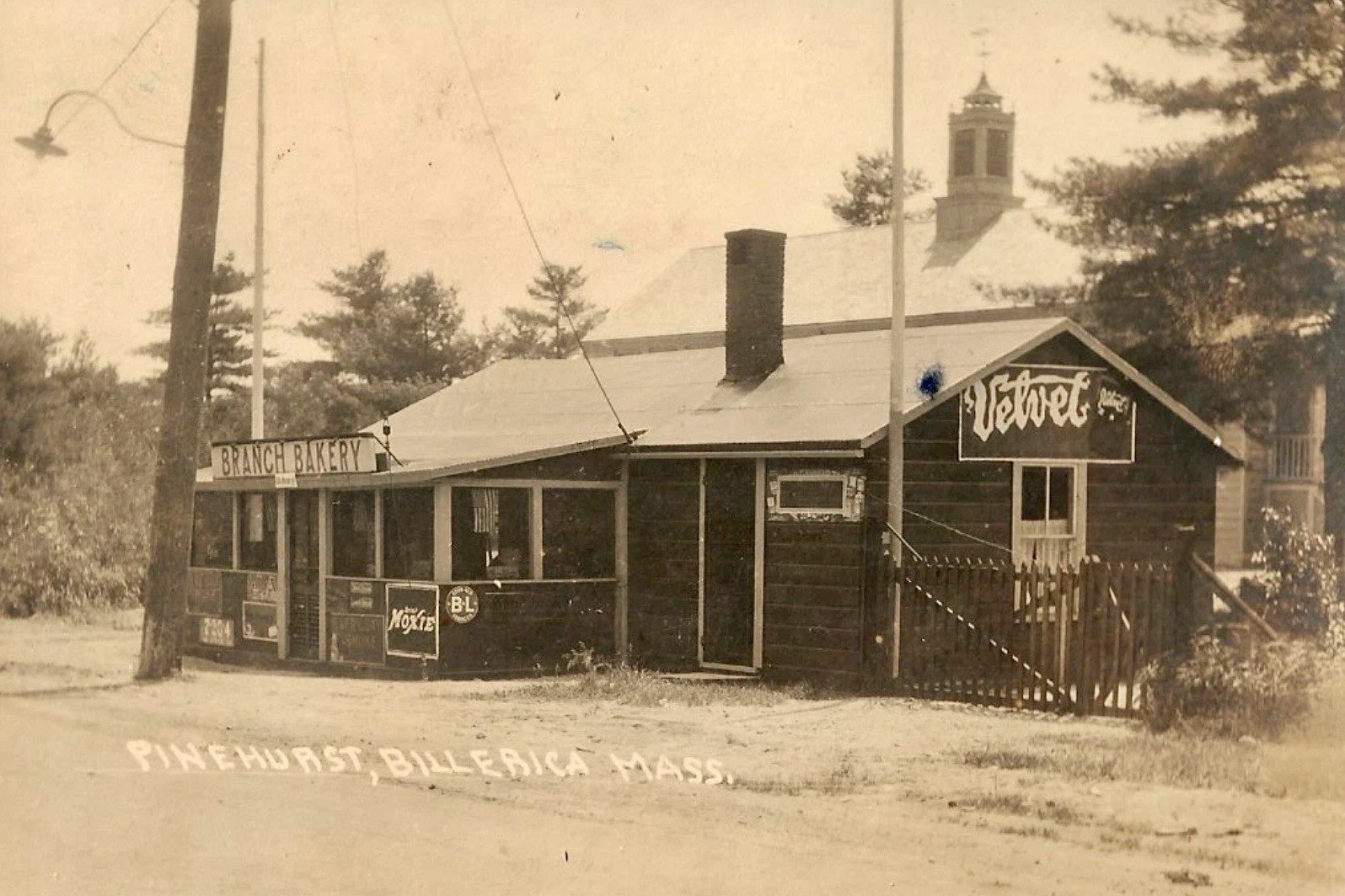 RPPC REPRINT Postcard Branch BAKERY Pinehurst Billerica Massachusetts Moxie B491