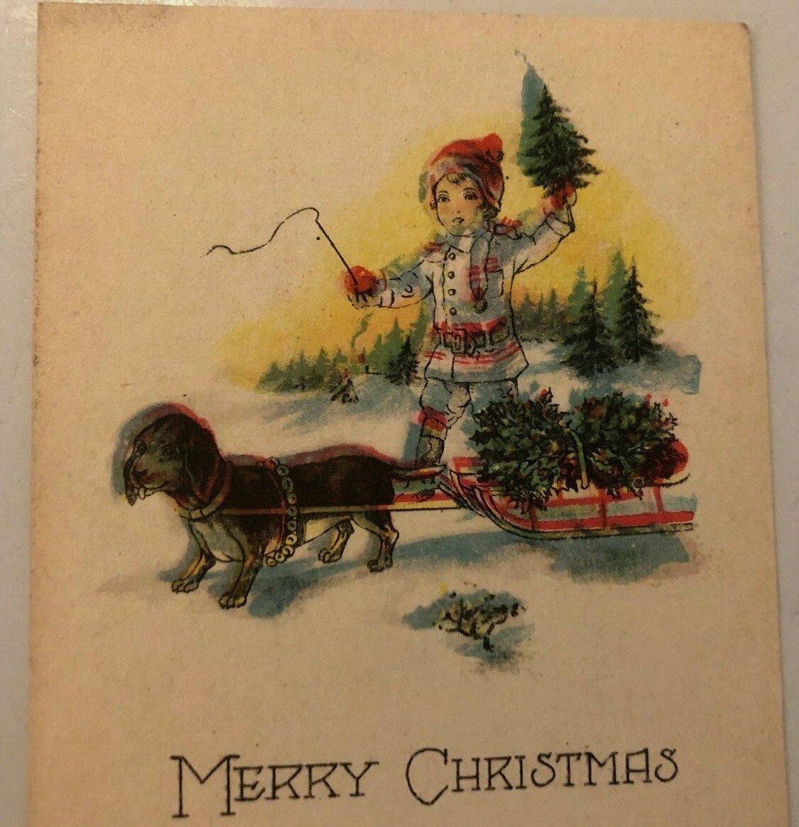 Postcard Merry Christmas Dog Pulling Holly Sled Kid Christmas Tree Winter Scene