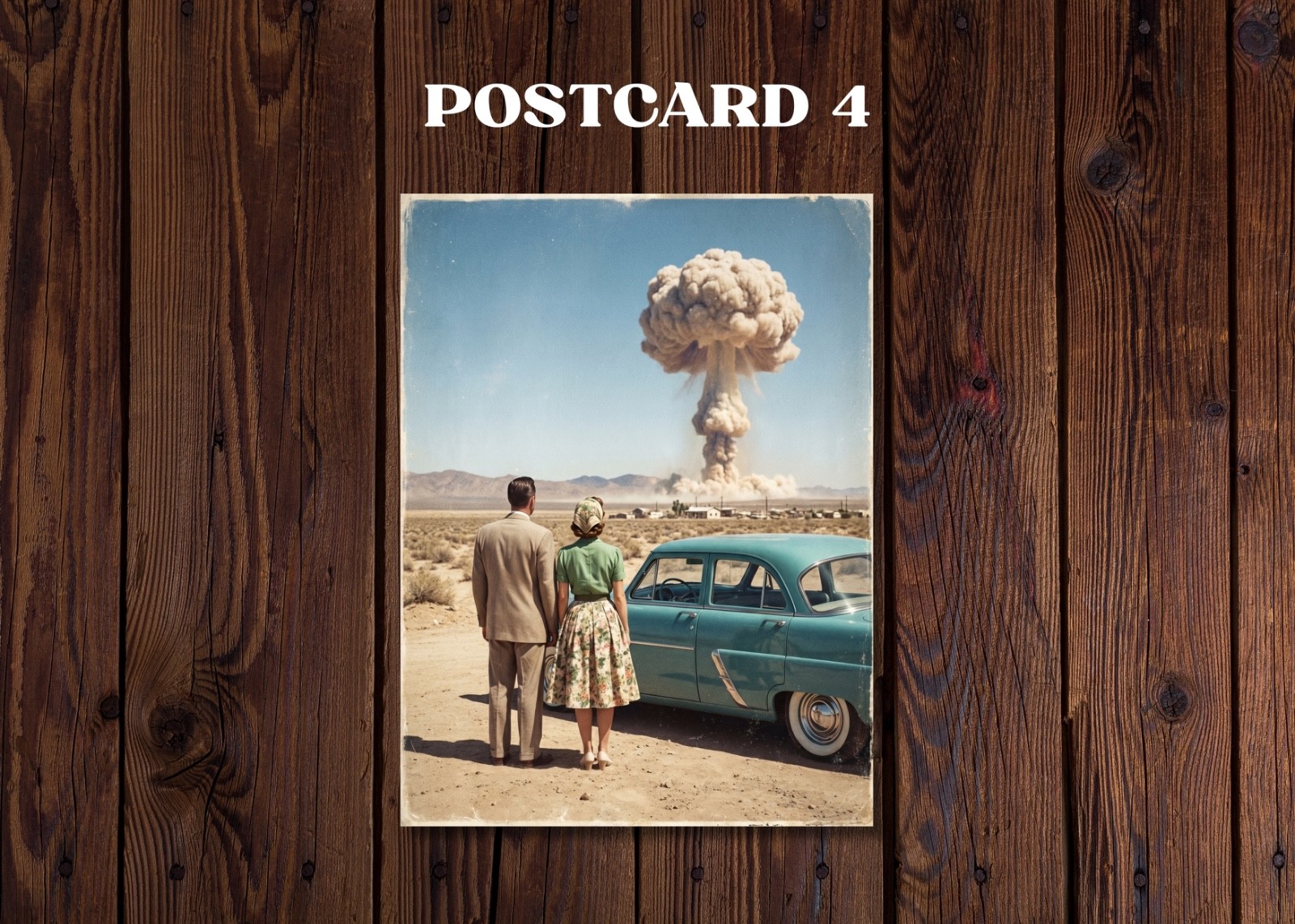 Set of 4 Postcards – Atomic Bomb Desert Scene Retro Surreal Art Style 4×7 Inches