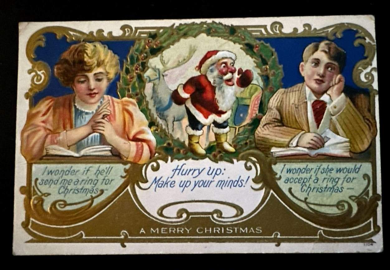 SANTA CLAUS~Engagement Ring ~Man~Lady~Vintage Romantic Christmas Postcard~r866