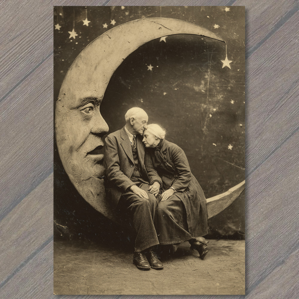 POSTCARD Elderly Couple Resting Upon Crescent Moon Vintage Night Sky Stars “`