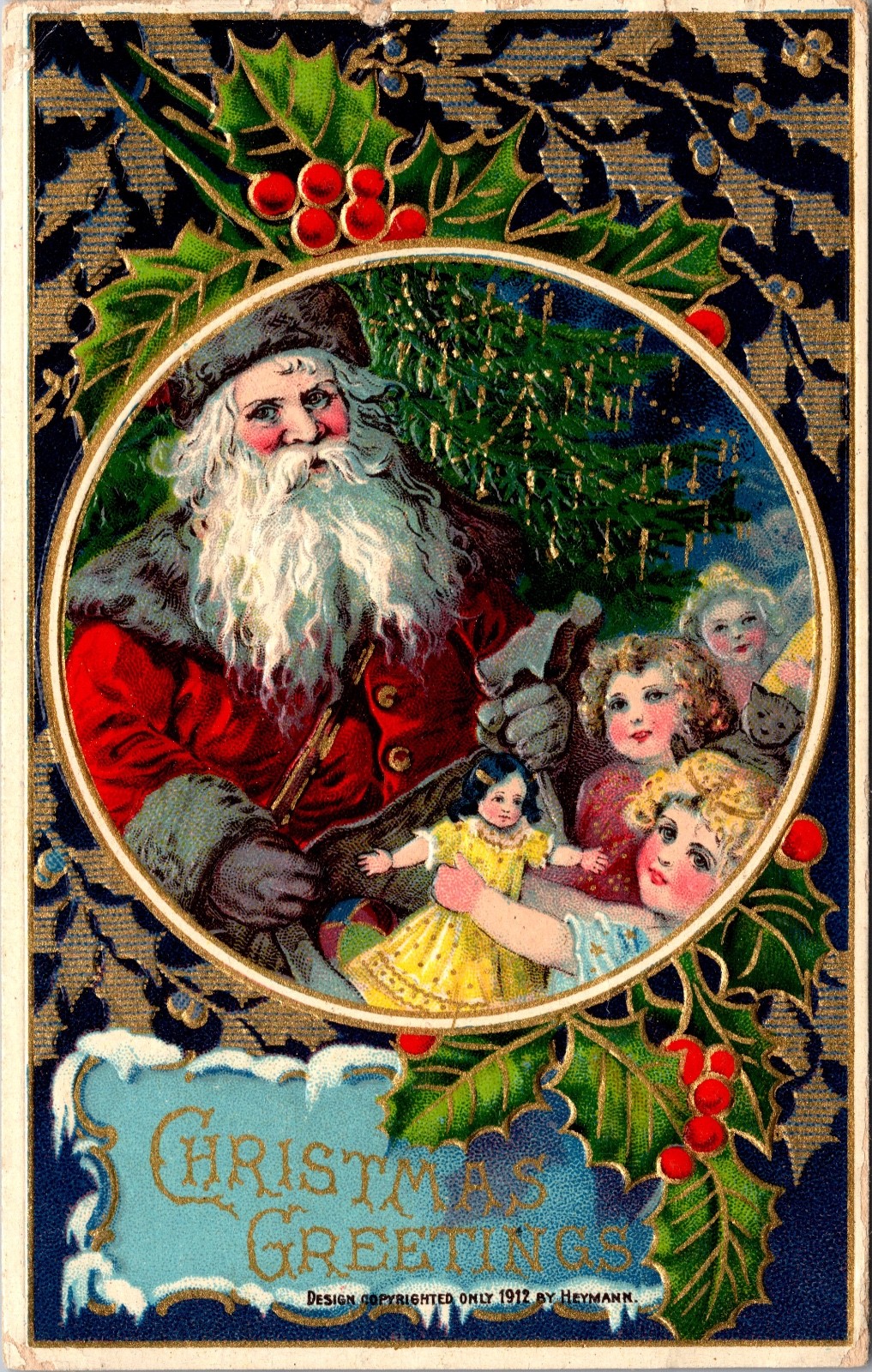 1912 Christmas Greetings Postcard Santa Children Holly Gold Embossed